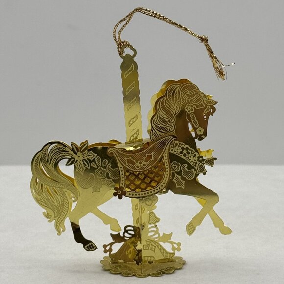 Vintage Gold-Tone Carousel Horse Ornament Intricate Detailing 3D Metal 3.5" - Picture 4 of 10